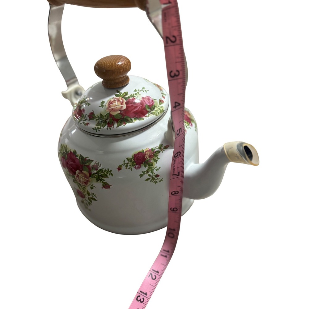 Vintage Royal Albert Tea Kettle White Stovetop Pot Wood Handle Rose Pattern - Picture 12 of 13